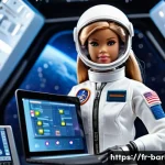 바비 직업 시리즈 특징 - A detailed image of a professional Barbie doll dressed as a female astronaut wearing a full space su...