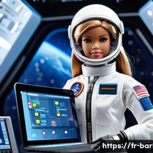 바비 직업 시리즈 특징 - A detailed image of a professional Barbie doll dressed as a female astronaut wearing a full space su...