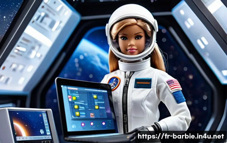 바비 직업 시리즈 특징 - A detailed image of a professional Barbie doll dressed as a female astronaut wearing a full space su...