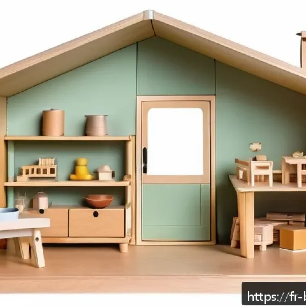 바비인형 놀이용 집과 소품 - A modern, eco-friendly wooden dollhouse set in a cozy mountain chalet style, featuring light recycle...