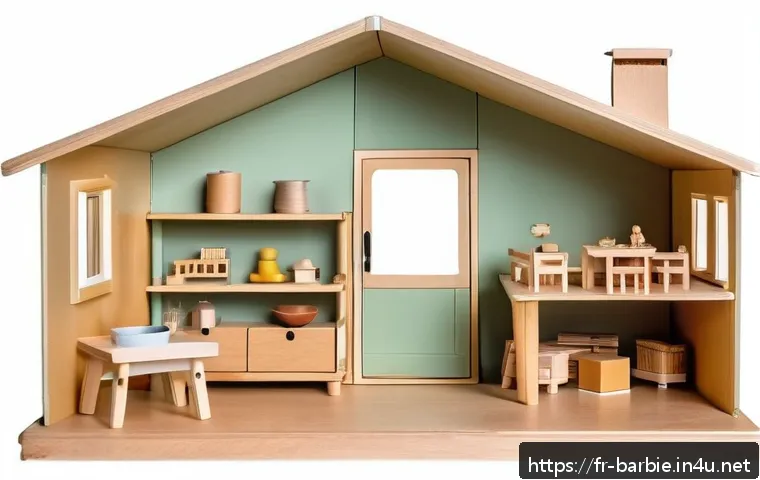 바비인형 놀이용 집과 소품 - A modern, eco-friendly wooden dollhouse set in a cozy mountain chalet style, featuring light recycle...