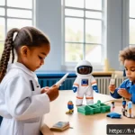 바비인형의 다양한 직업 - A diverse group of children playing with career-themed dolls in a bright, modern classroom setting i...