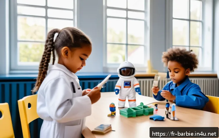 바비인형의 다양한 직업 - A diverse group of children playing with career-themed dolls in a bright, modern classroom setting i...